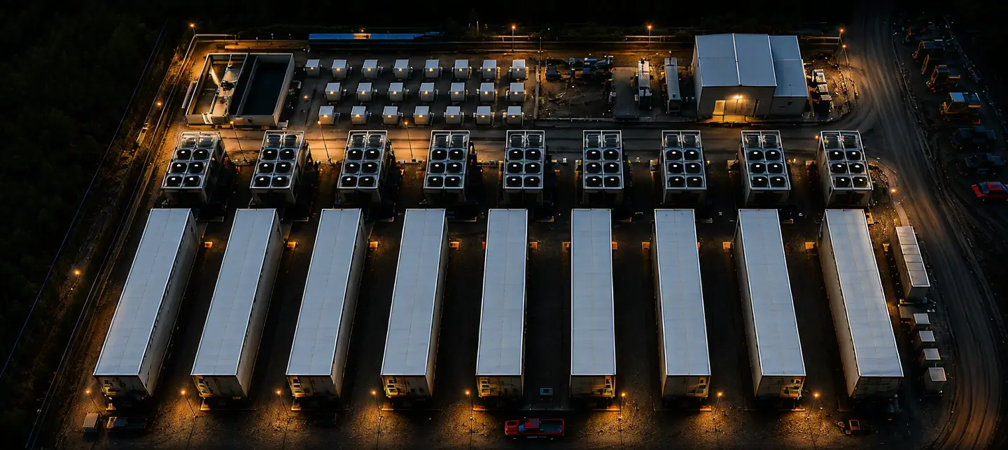 Konzeptvisualisierung: Batteriespeicher-Container vor industrieller Anlage bei Nacht