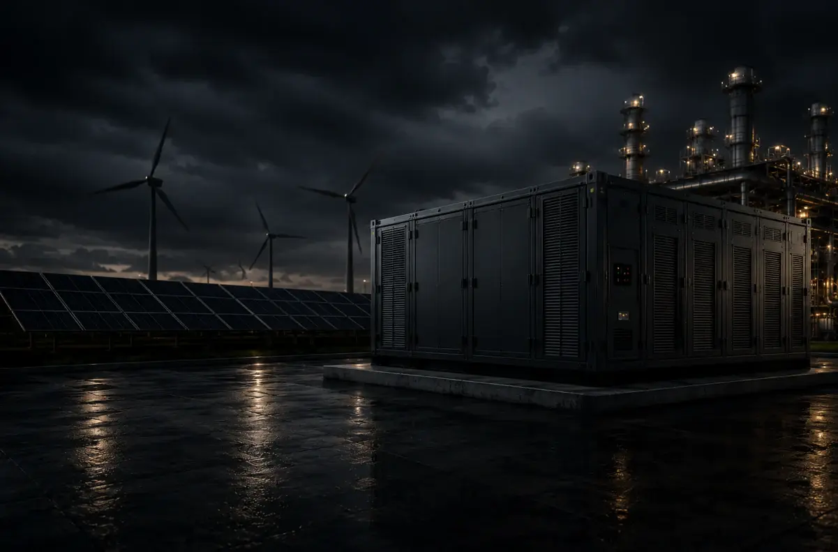 Konzeptvisualisierung: Batteriespeicher-Container mit Windkraftanlagen und Industrieanlage bei Nacht