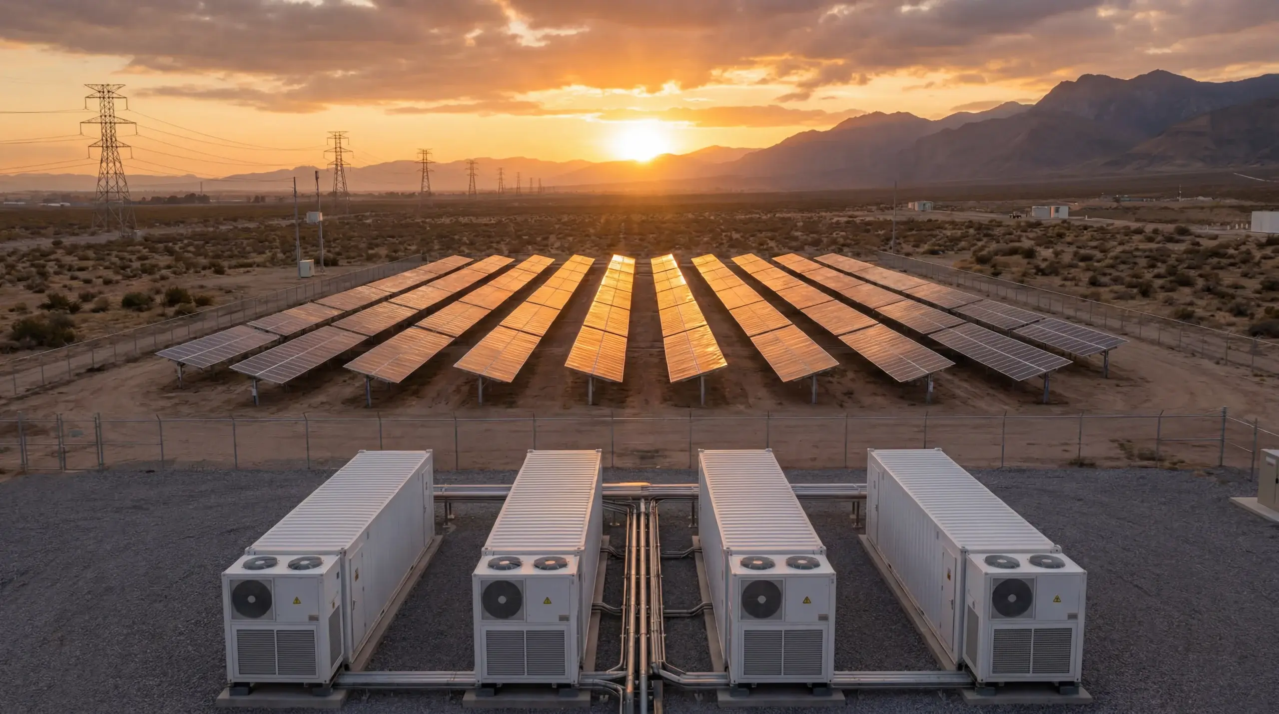 Konzeptvisualisierung: Solarpark mit Batteriespeichern bei Sonnenuntergang