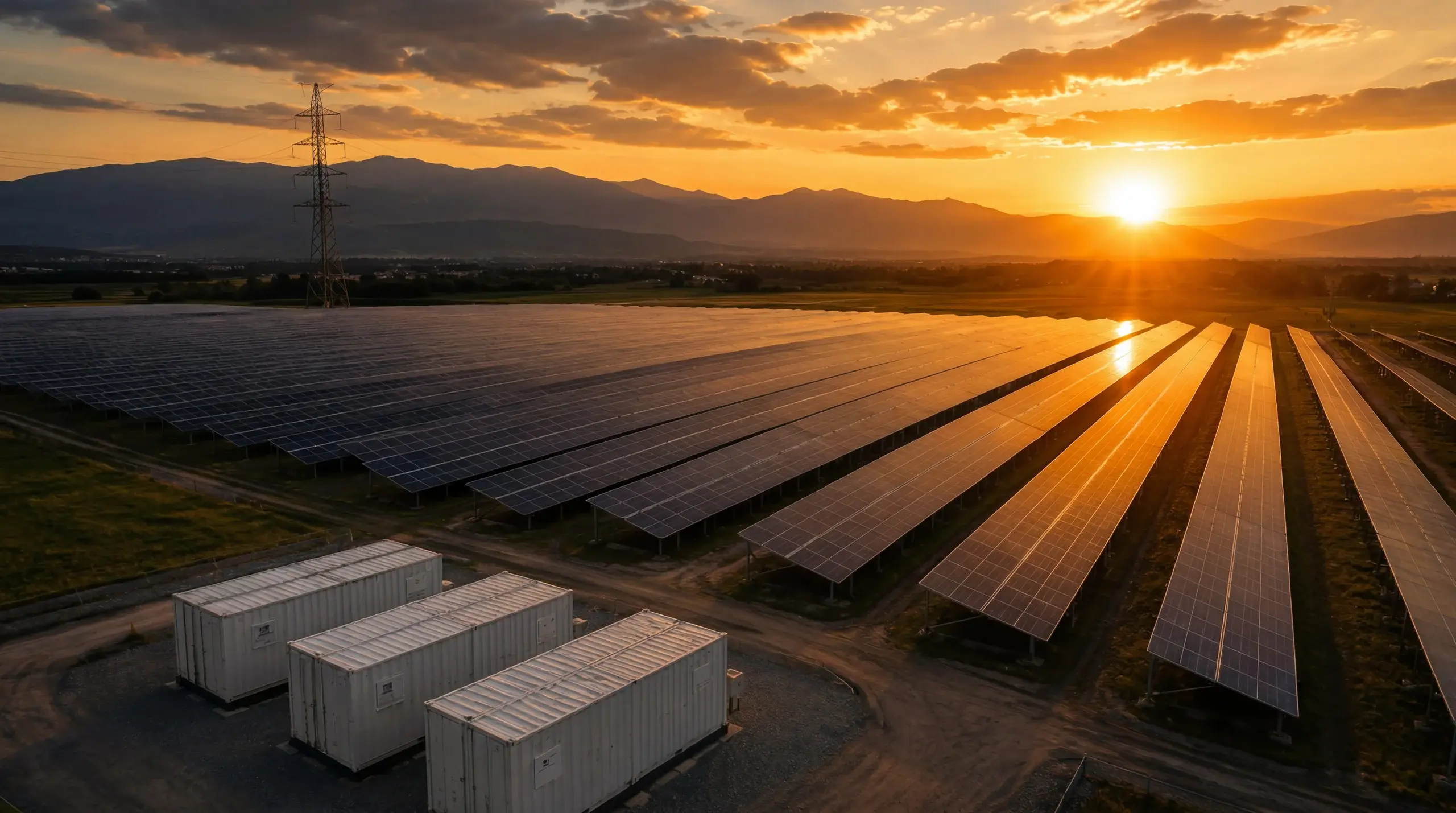 Konzeptvisualisierung: Solarpark im warmen Gegenlicht der untergehenden Sonne vor Bergkulisse