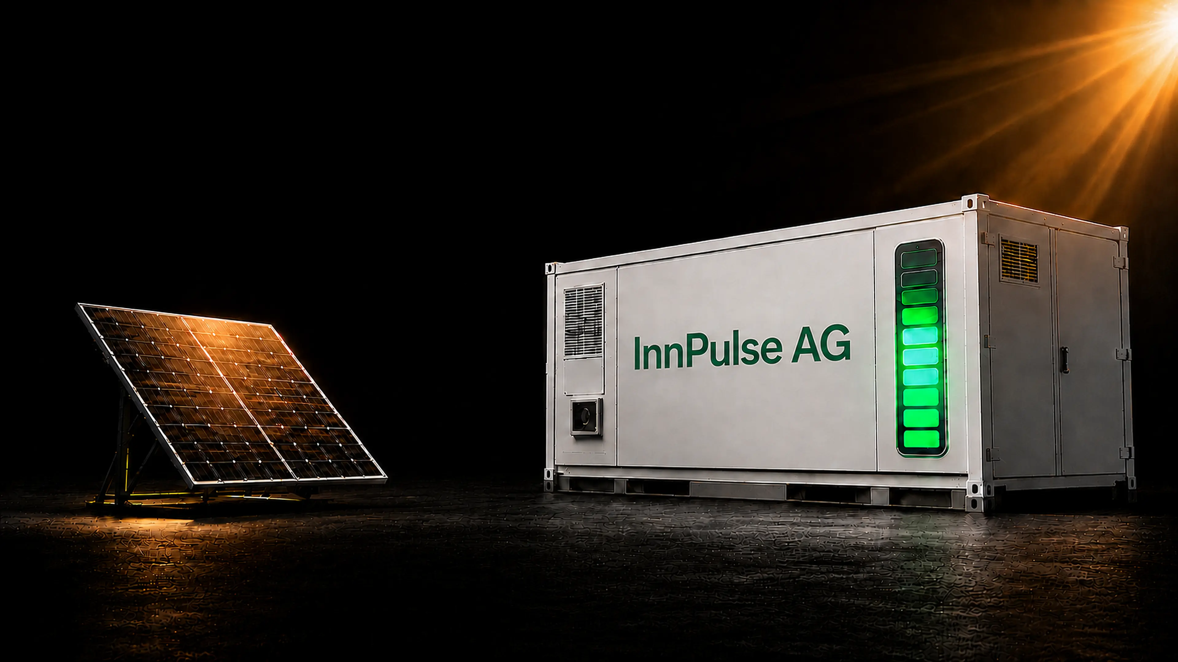 Ein Solarpanel versorgt über ein Energiekabel einen weissen InnPulse AG Batteriespeicher-Container.